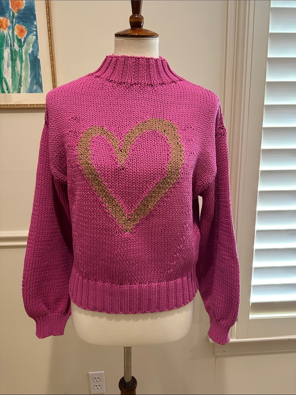 Maeve Hot Pink Sweater with Tan Heart Cowl Neck